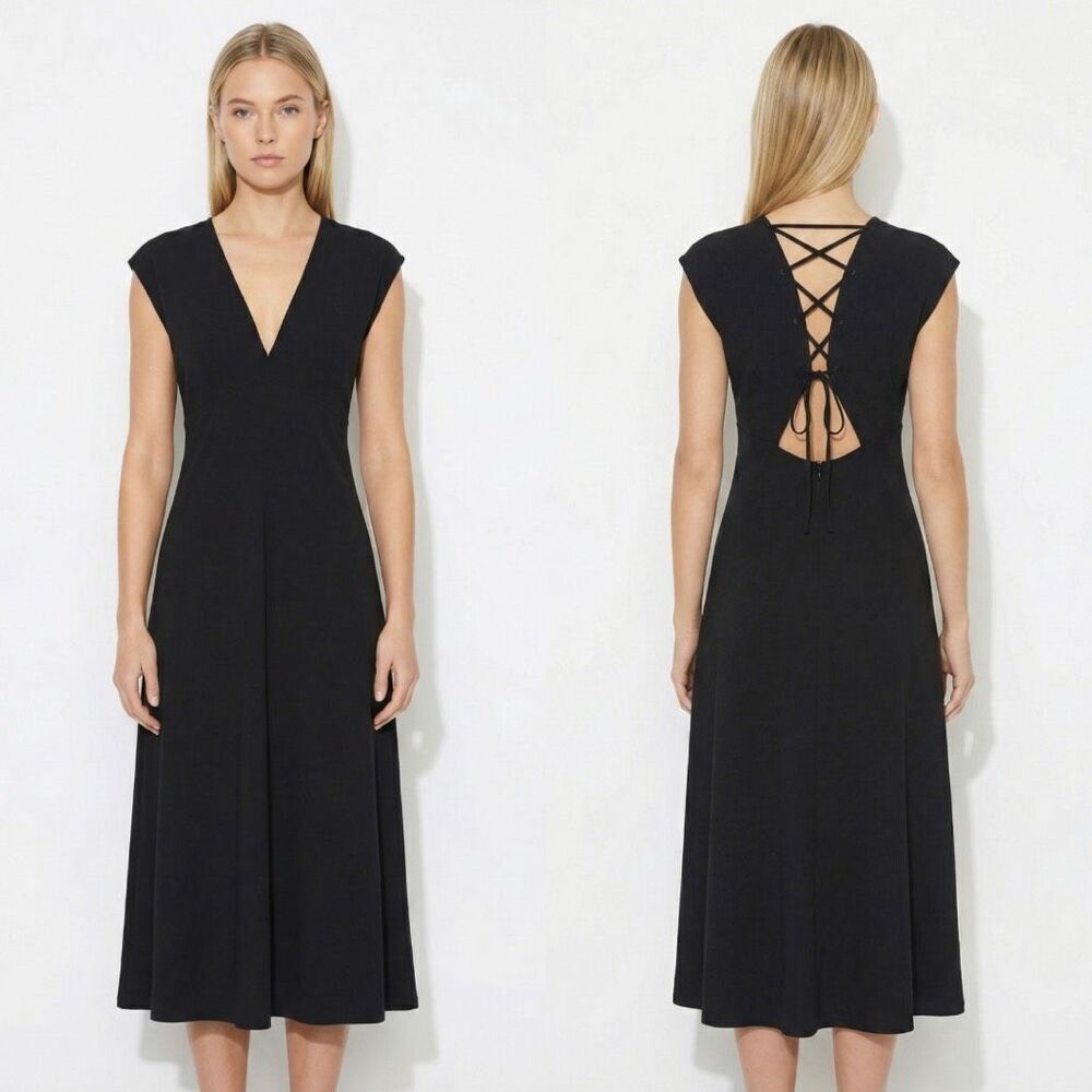 A.L.C. Amelie Dress Black 4 NWOT Cotton Midi V-Neck Designer Summer Luxury LBD